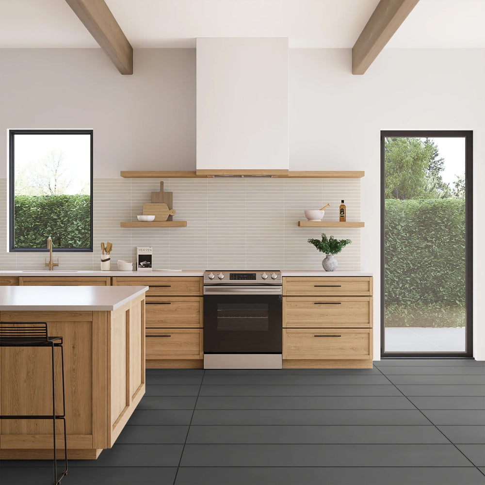 Sahara Grey stacked matte porcelain mosaic displayed in a modern interior emphasizing soft concrete tones