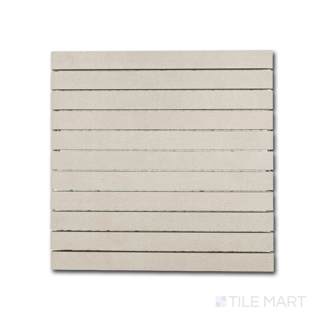 Close-up of Sahara Grey stacked matte porcelain mosaic highlighting linear form and soft concrete tones
