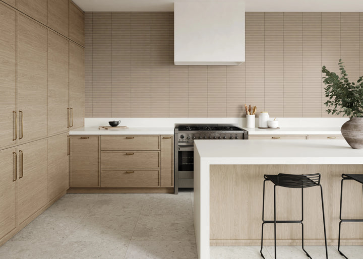 Sahara Taupe Matte Mosaic styled in a contemporary setting, featuring warm hues and natural stone-like movement.