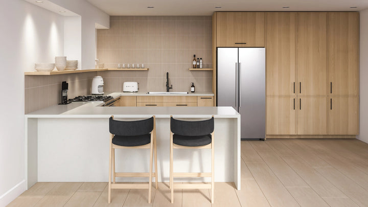 Sahara Taupe 1x12 matte porcelain mosaic highlighted with soft taupe tones in a contemporary surface layout.