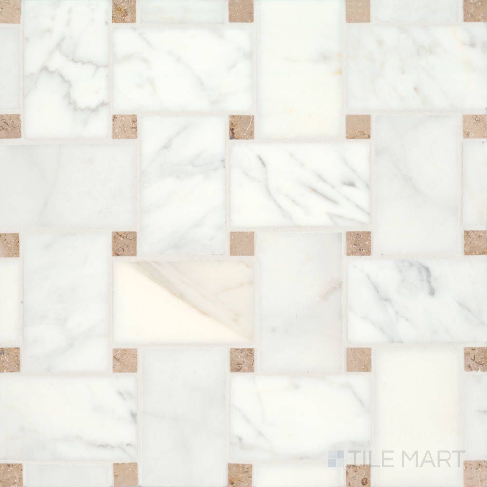 Jumbo Basketweave Calacatta with Jura Beige dot honed marble mosaic tile shown in full, highlighting its elegant white veining and neutral accent dot.