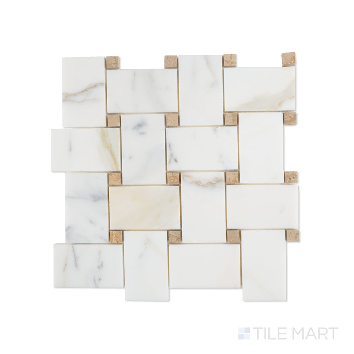 Overhead image of jumbo basketweave mosaic made of Calacatta marble with Jura Beige dots, showcasing a bold white-and-beige contrast in a large woven pattern.