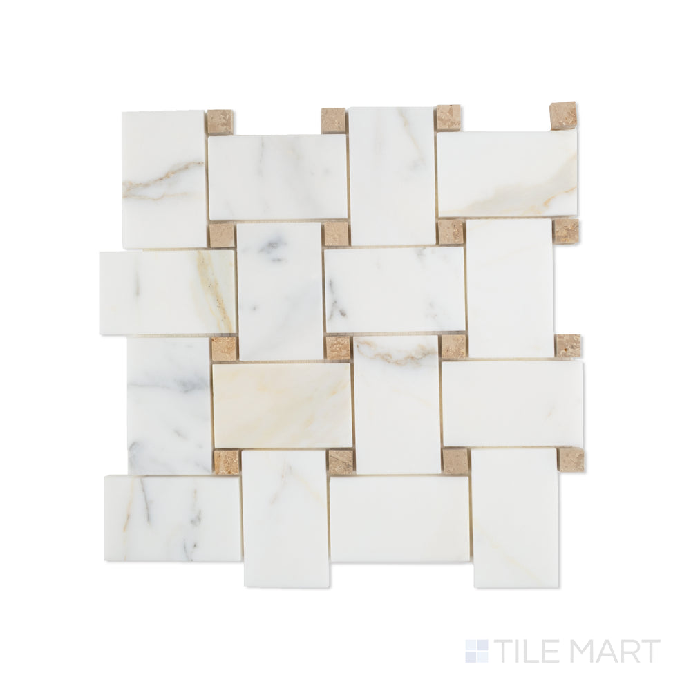 Overhead image of jumbo basketweave mosaic made of Calacatta marble with Jura Beige dots, showcasing a bold white-and-beige contrast in a large woven pattern.