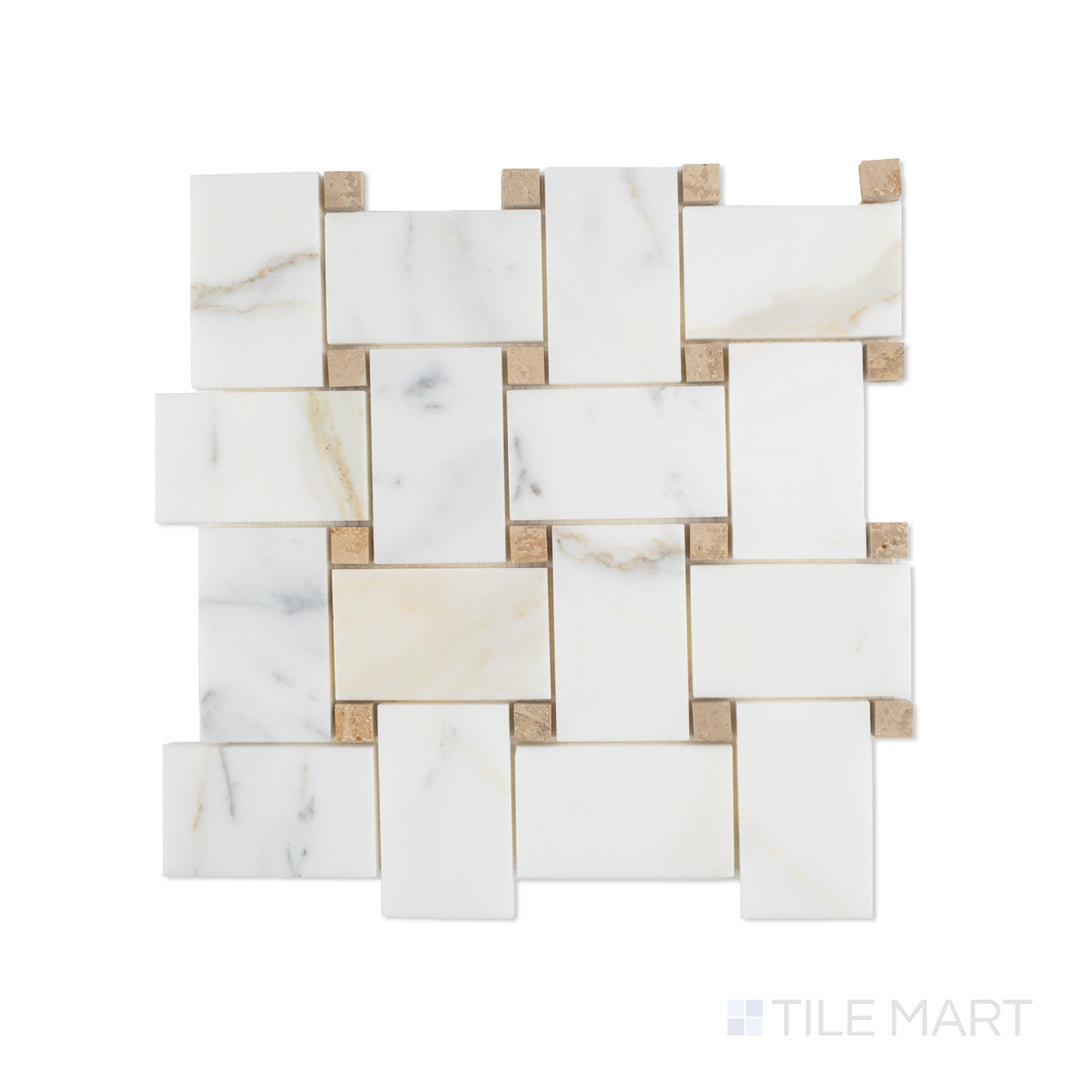 Overhead image of jumbo basketweave mosaic made of Calacatta marble with Jura Beige dots, showcasing a bold white-and-beige contrast in a large woven pattern.