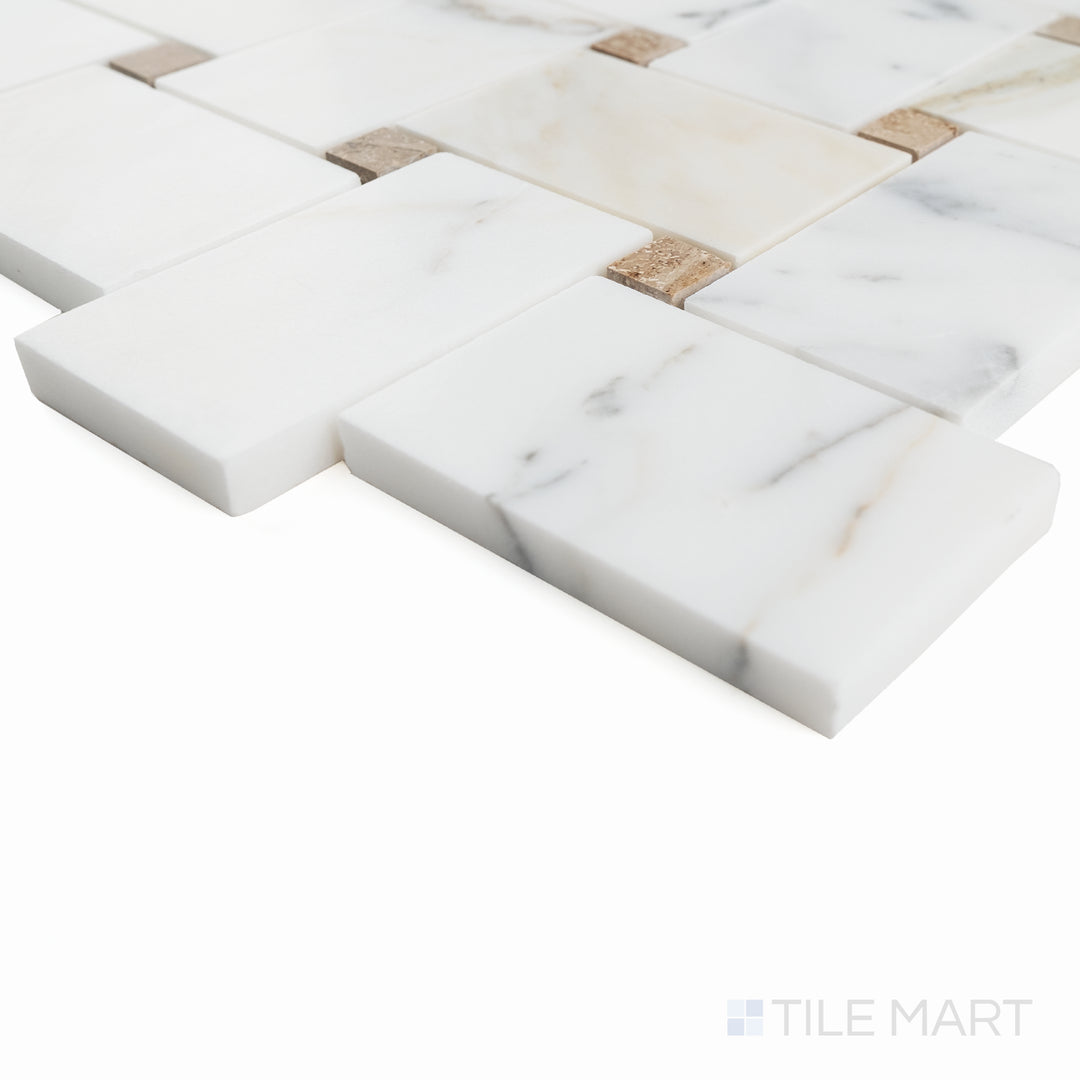 Corner close-up of Jumbo Basketweave Calacatta with Jura Beige dot honed marble mosaic showing fine weave detail.