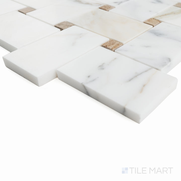 Corner close-up of Jumbo Basketweave Calacatta with Jura Beige dot honed marble mosaic showing fine weave detail.