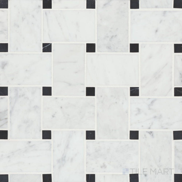 Overview of Jumbo Basketweave White Carrara with Absolute Black dot honed marble mosaic, offering a high-contrast pattern with classic Italian styling.