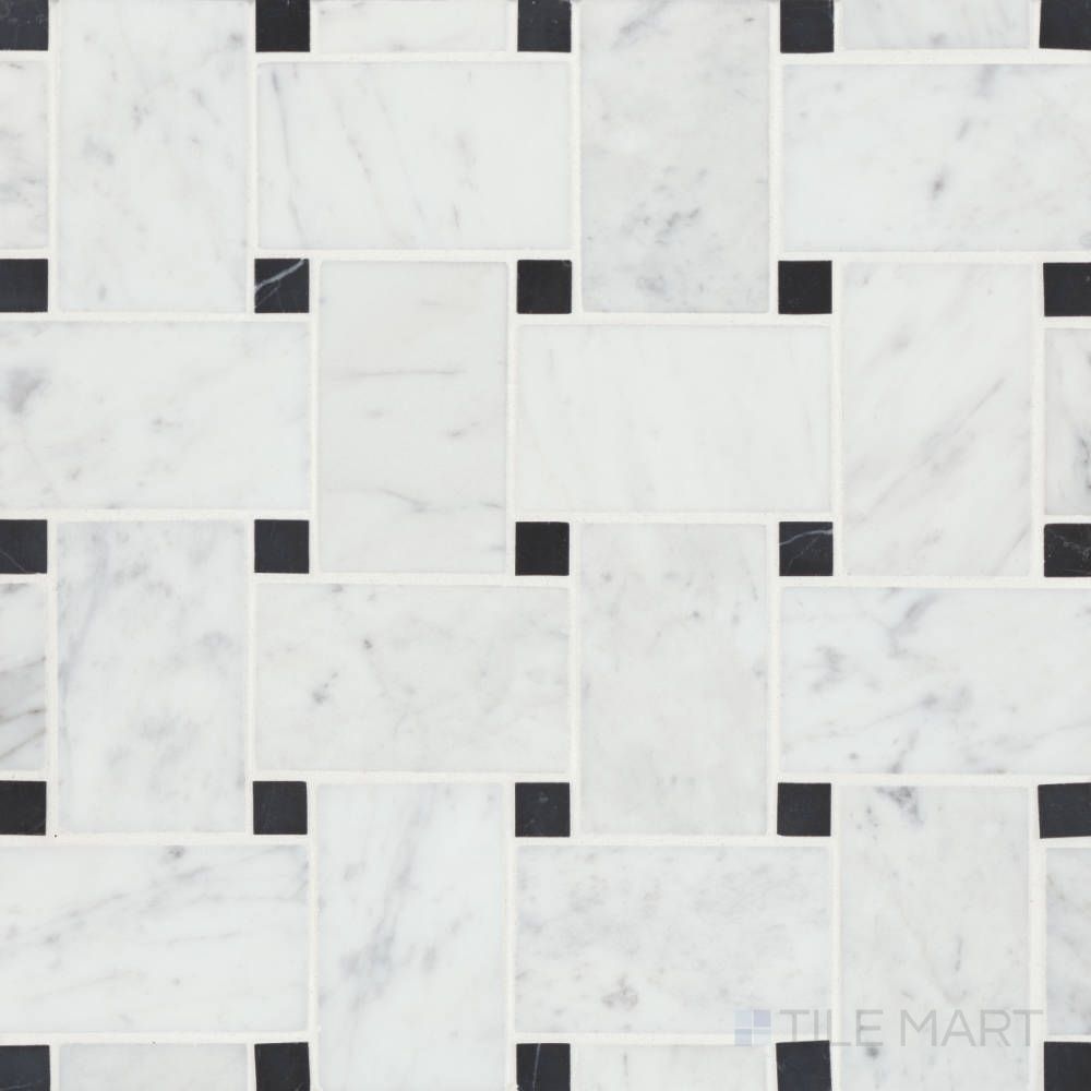 Overview of Jumbo Basketweave White Carrara with Absolute Black dot honed marble mosaic, offering a high-contrast pattern with classic Italian styling.