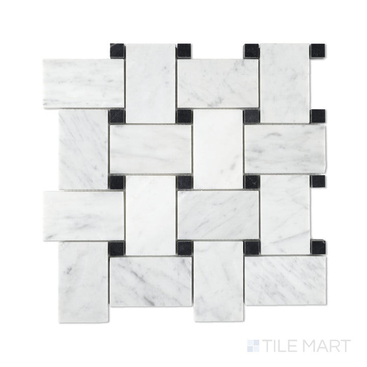 Flat-lay photo of jumbo basketweave made from White Carrara marble with Absolute Black dot accents, featuring high contrast in a honed woven design.
