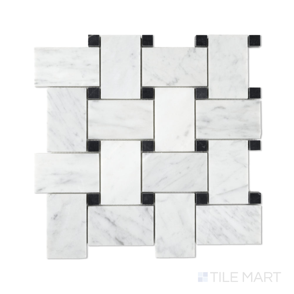 Flat-lay photo of jumbo basketweave made from White Carrara marble with Absolute Black dot accents, featuring high contrast in a honed woven design.