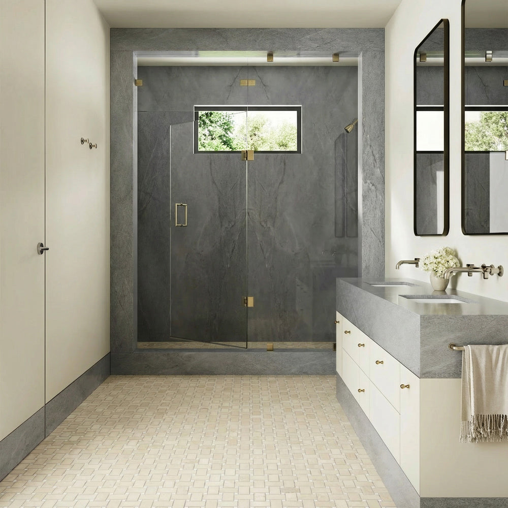 Jumbo basketweave beige marble mosaic with Thassos dots featured in an elegant interior with classic stone character