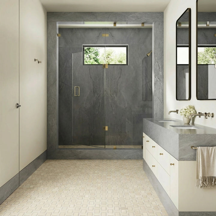 Jumbo basketweave beige marble mosaic with Thassos dots featured in an elegant interior with classic stone character