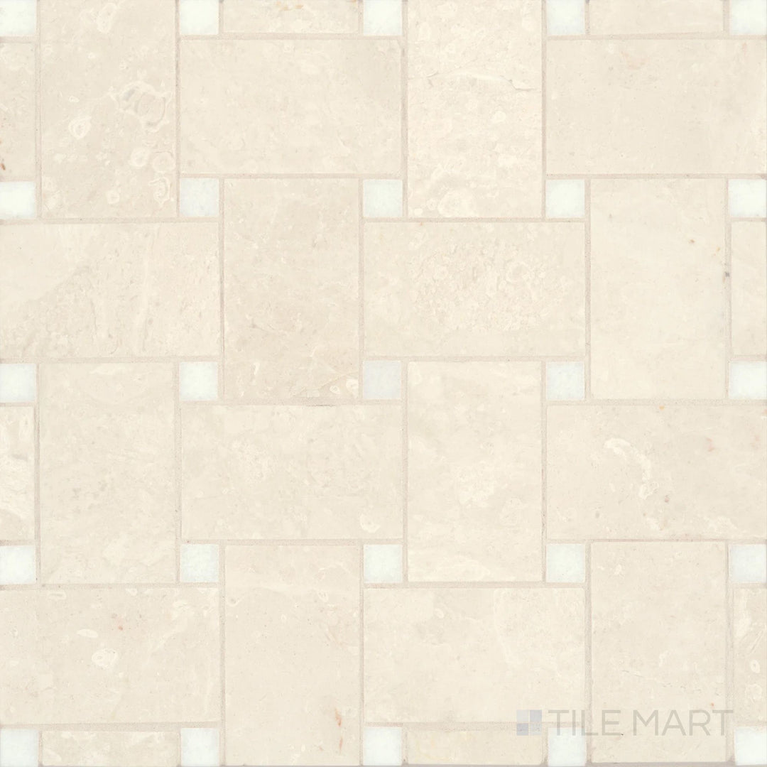 Jumbo basketweave beige marble mosaic with honed finish and Thassos dot accents