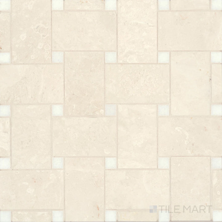 Jumbo basketweave beige marble mosaic with honed finish and Thassos dot accents