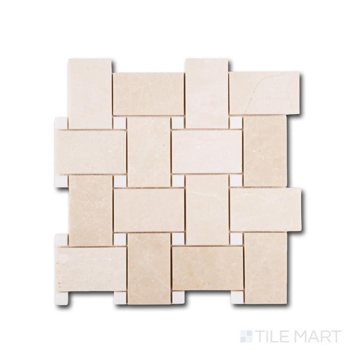 Close-up of jumbo basketweave beige marble mosaic with honed finish and Thassos dot accents
