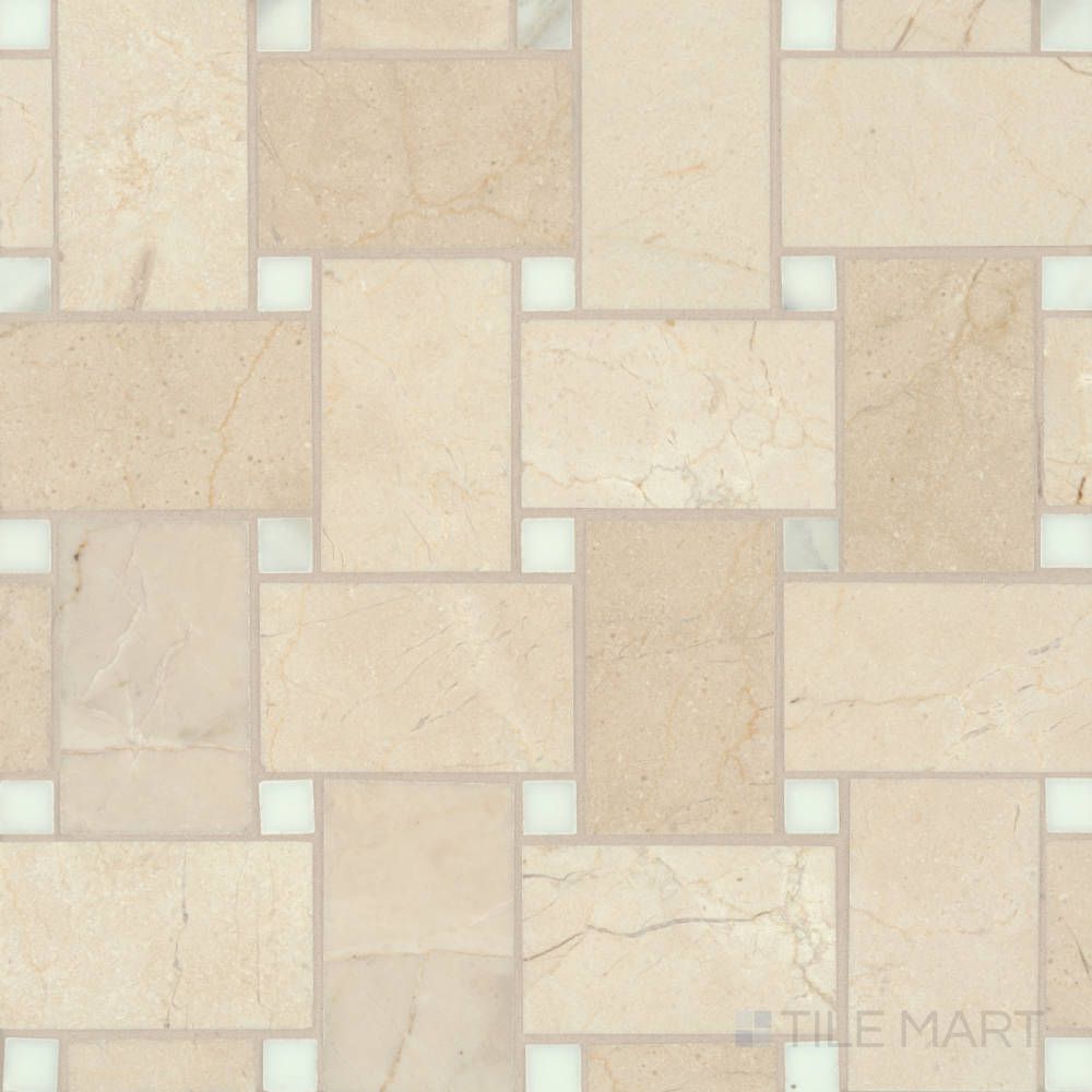 Jumbo Basketweave Crema Marfil with Calacatta dot honed marble mosaic displayed in full layout, featuring creamy tones and crisp white accents.