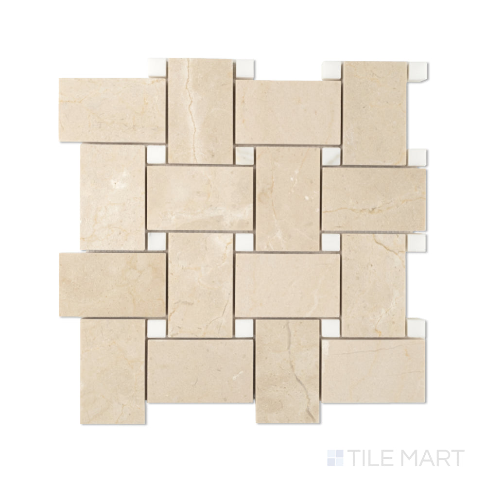 Top-down view of a jumbo basketweave mosaic using warm Crema Marfil marble paired with Calacatta dots, forming a soft-toned interlocking pattern.