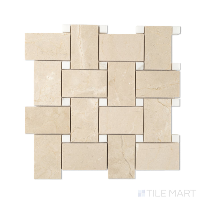 Top-down view of a jumbo basketweave mosaic using warm Crema Marfil marble paired with Calacatta dots, forming a soft-toned interlocking pattern.
