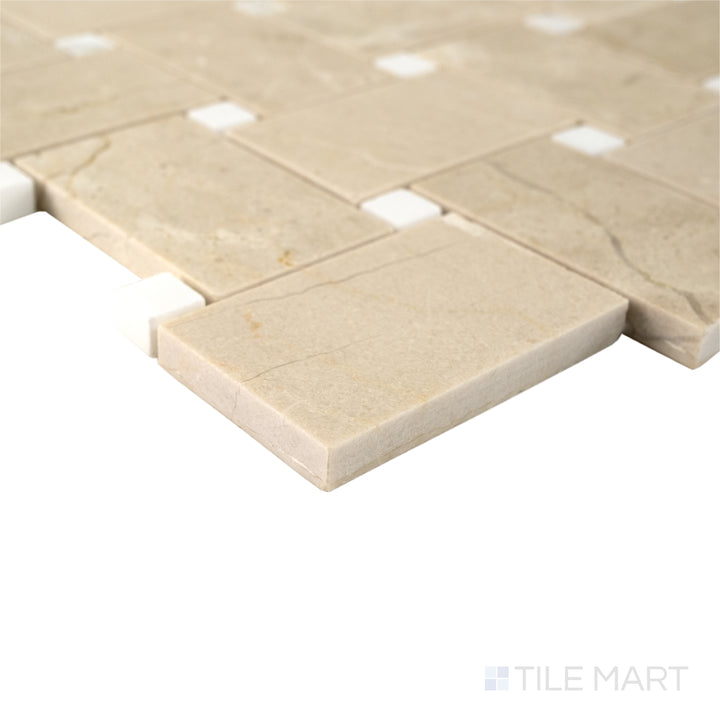 Corner view of Jumbo Basketweave Crema Marfil with Calacatta dot honed marble mosaic showing warm tones and smooth texture.