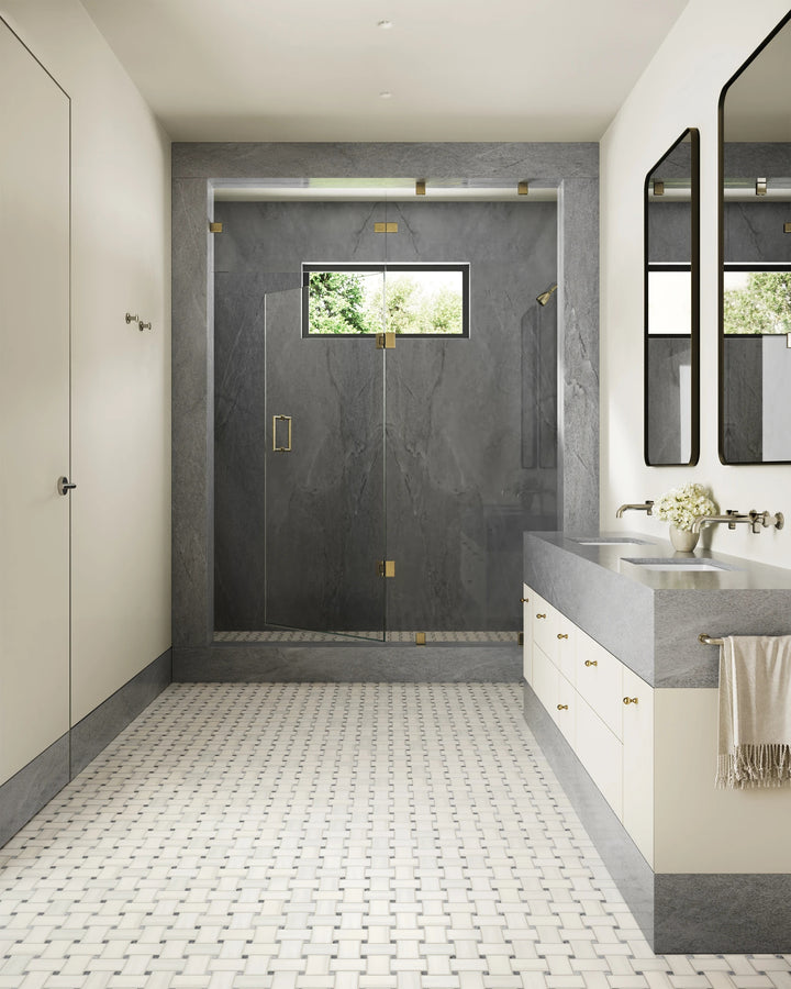 Jumbo Basketweave Dolomite with Bardiglio Dot Honed Marble Mosaic featured in a classic space, blending soft white and grey tones.