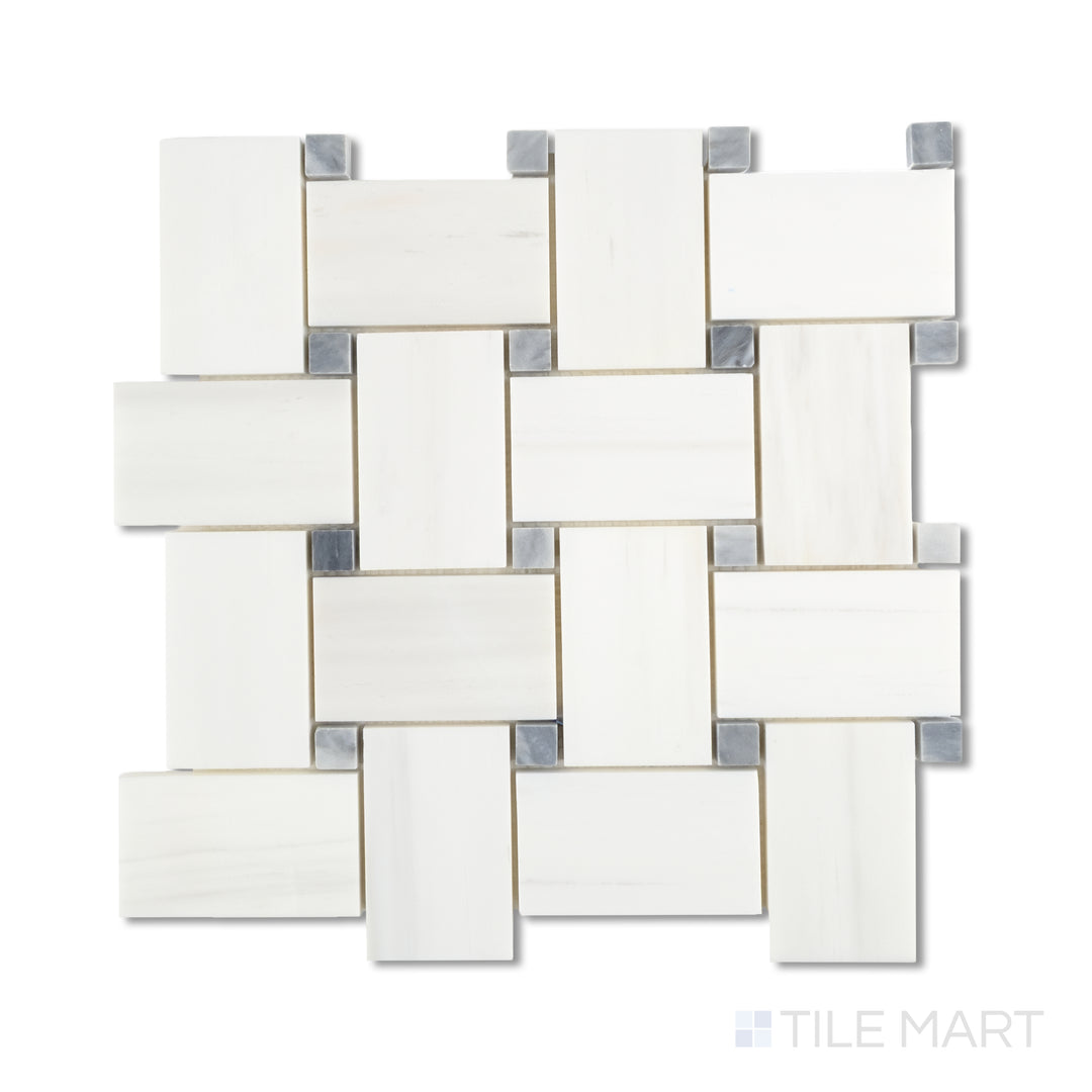 Overhead photo of jumbo basketweave design using Dolomite marble with Bardiglio dots, creating a cool-toned woven look in honed finish.