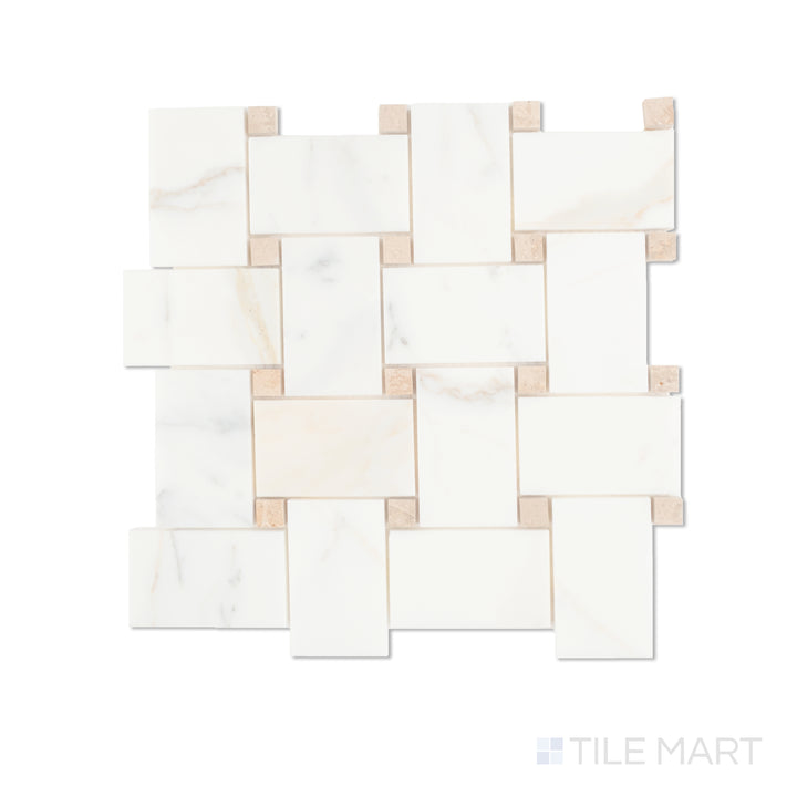 Top-down image of Dolomite marble jumbo basketweave with White Sand dots, presenting a subtle white-on-white honed mosaic.