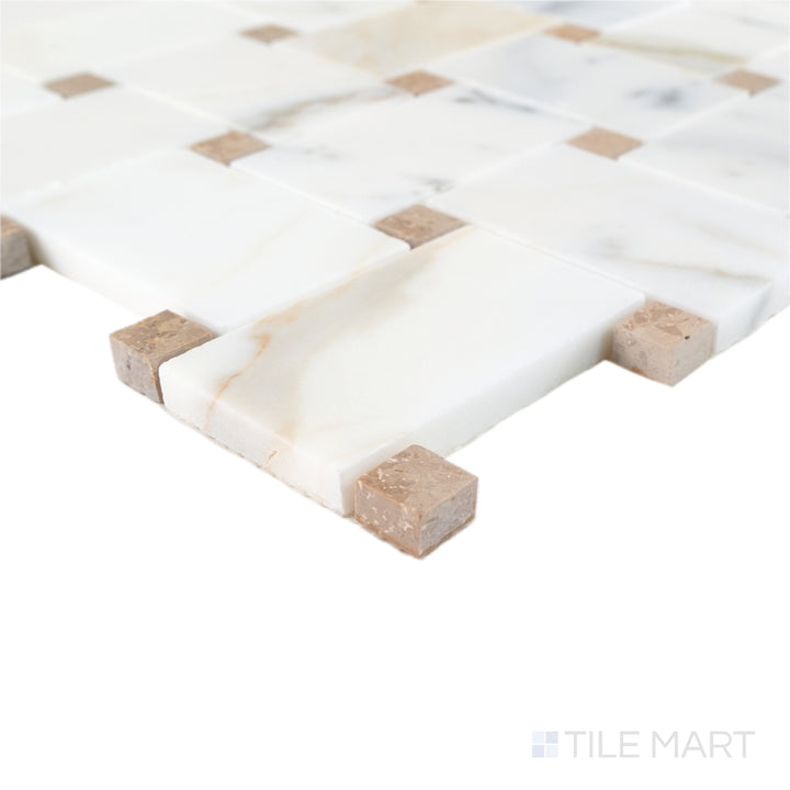 Corner detail of Jumbo Basketweave Dolomite with White Sand honed marble mosaic featuring soft white tones and clean texture.