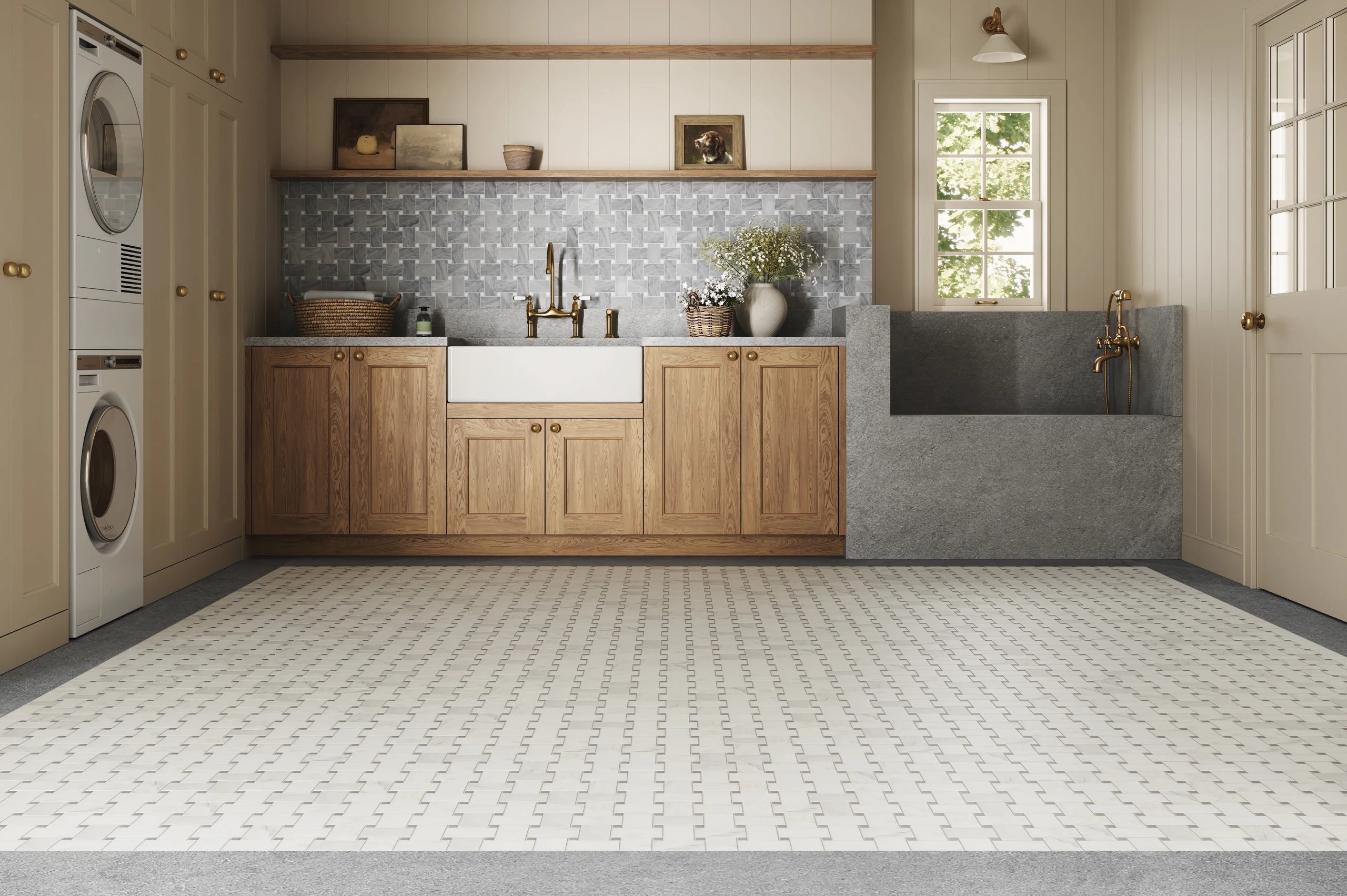 Jumbo Basketweave Glorious Blue W/ Thassos Dot Honed Marble Mosaic