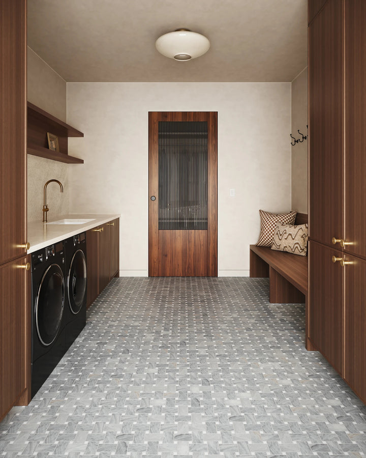 Jumbo Basketweave Glorious Blue with Thassos Dot honed marble mosaic shown in an elegant, detailed surface pattern.