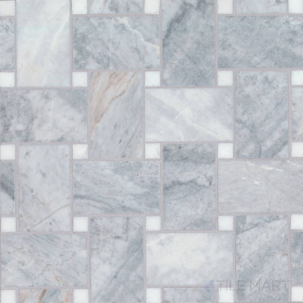 Jumbo Basketweave Glorious Blue W/ Thassos Dot Honed Marble Mosaic