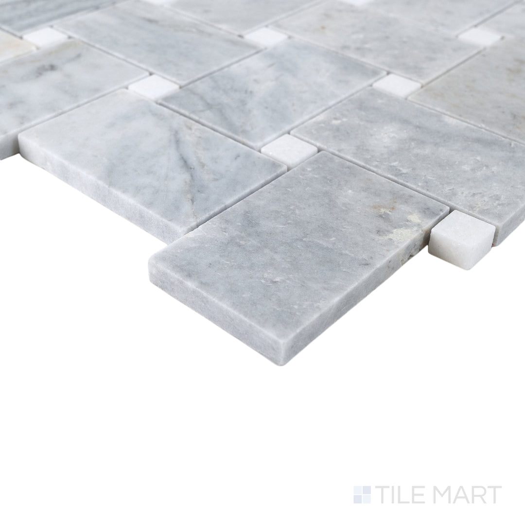 Corner view of Jumbo Basketweave Glorious Blue with Thassos dot honed marble mosaic highlighting rich blue hues and fine edge.