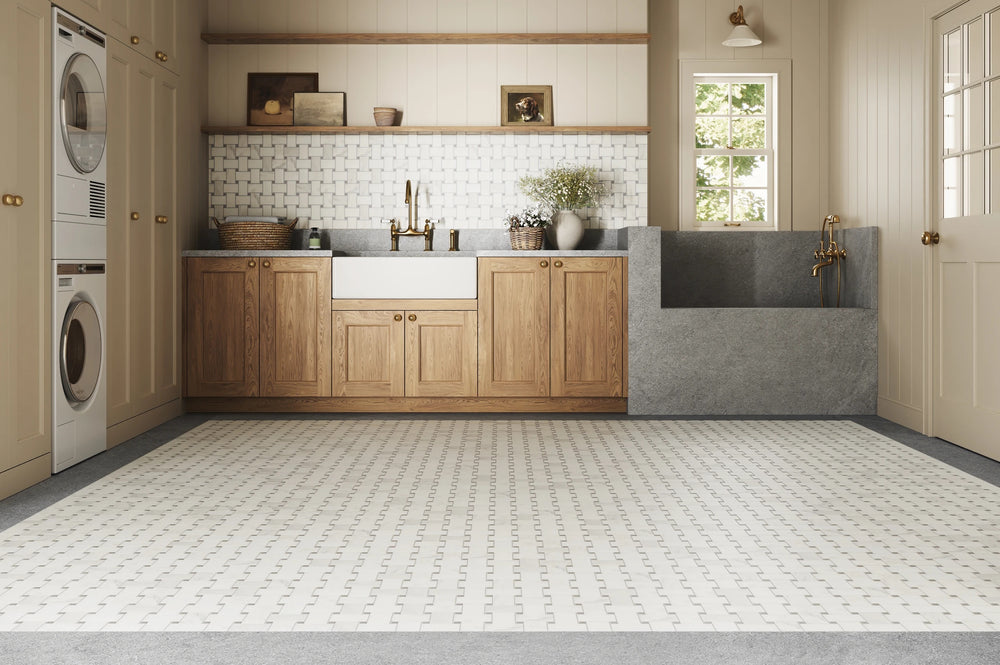 Jumbo Basketweave Oriental White with Cinder Grey Dot Honed Marble Mosaic displayed in a modern interior, emphasizing balanced light and depth.