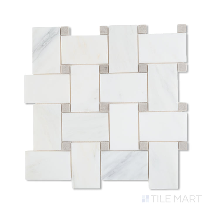 Overhead shot of Oriental White marble basketweave with Cinder Grey dots in a honed finish, offering gentle contrast in an oversized woven format.