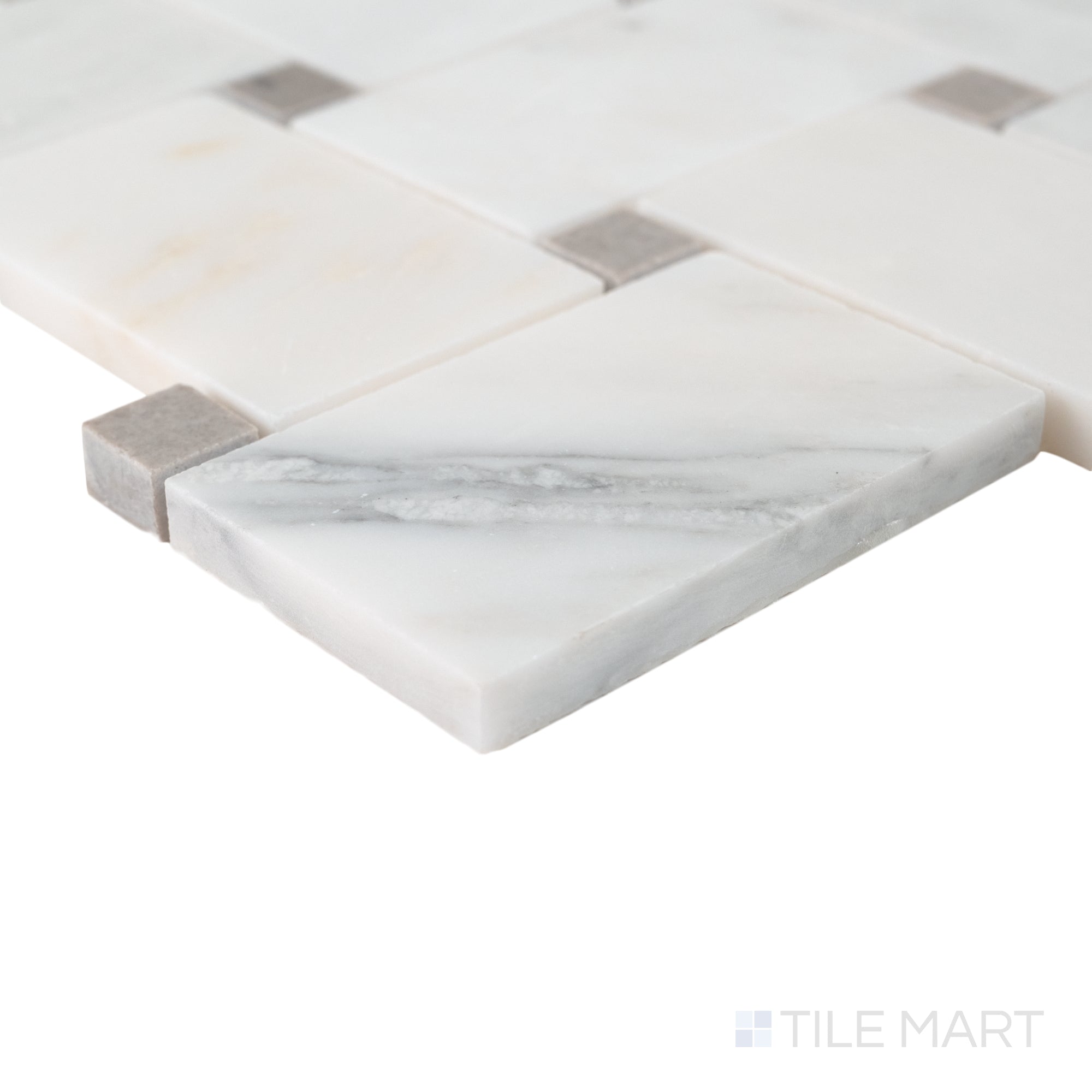 Jumbo Basketweave Oriental White W/ Cinder Grey Dot Honed Marble Mosai