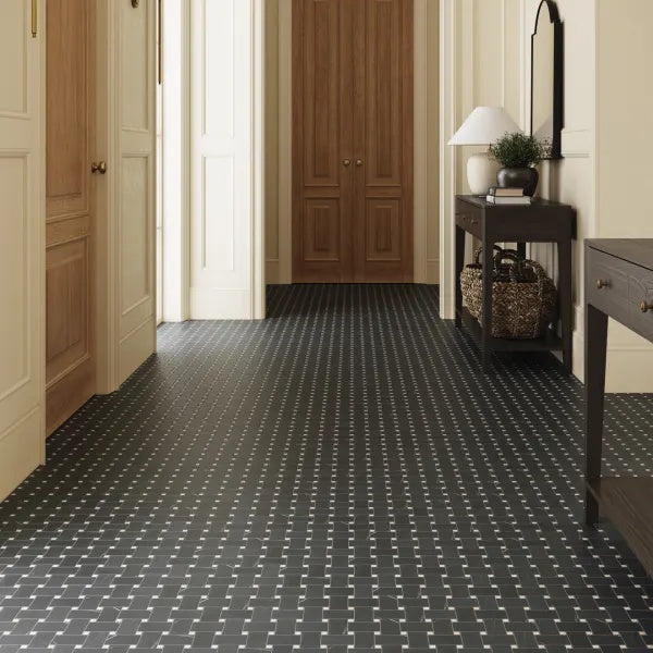 Jumbo Basketweave Pietra Grey with Thassos Dot Honed Marble Mosaic presented in a stylish design, showcasing a sophisticated interplay of tones.