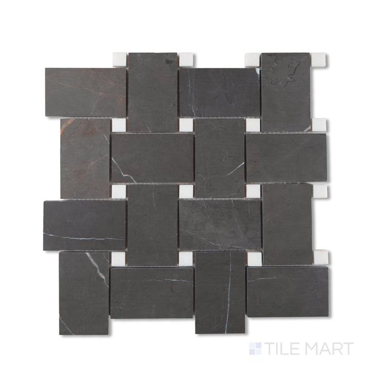 Top view of basketweave mosaic using Pietra Grey marble with crisp white Thassos dot accents, forming a moody, elegant grid pattern.