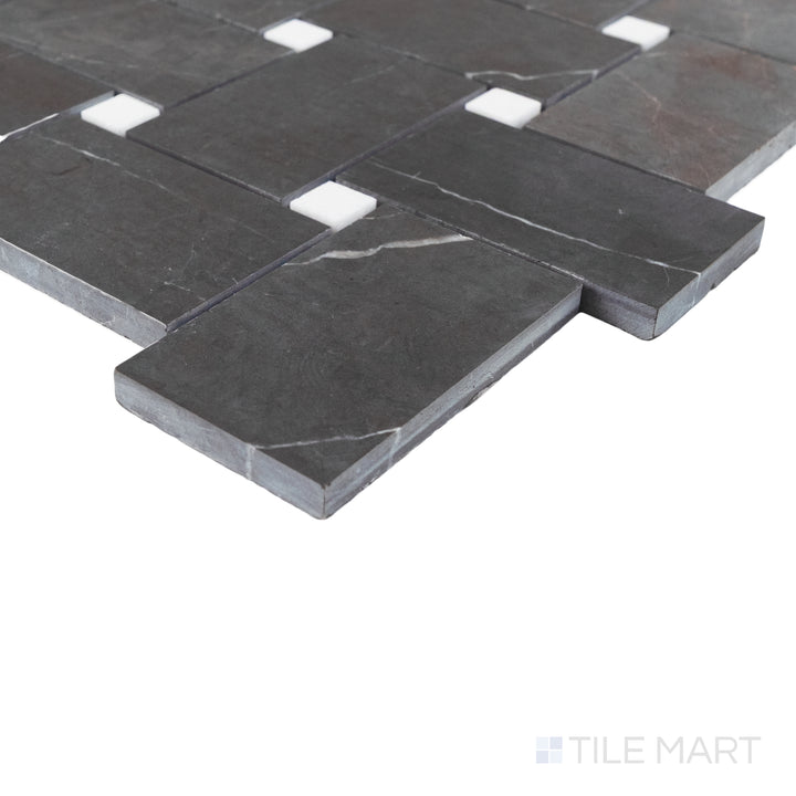 Corner detail of Jumbo Basketweave Pietra Grey with Thassos dot honed marble mosaic emphasizing smooth contrast and veining.