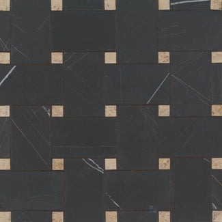Full layout of Jumbo Basketweave Sahara Noir with Beige dot honed marble mosaic, highlighting bold black marble with warm beige accent pieces.