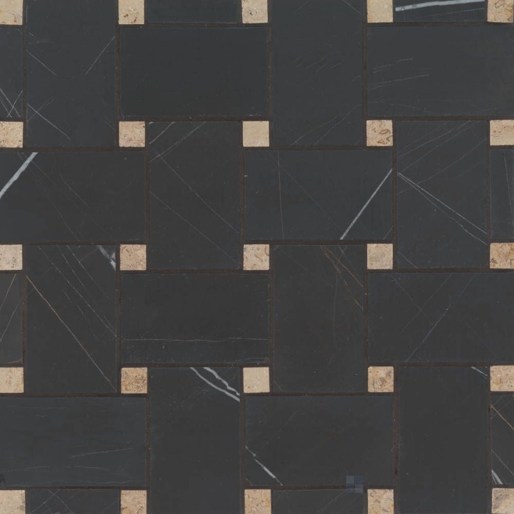 Full layout of Jumbo Basketweave Sahara Noir with Beige dot honed marble mosaic, highlighting bold black marble with warm beige accent pieces.