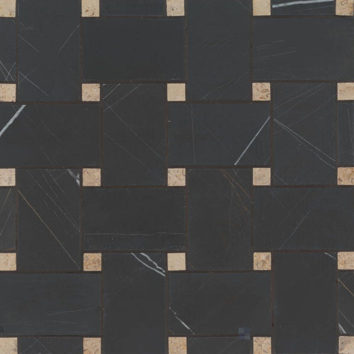 Full layout of Jumbo Basketweave Sahara Noir with Beige dot honed marble mosaic, highlighting bold black marble with warm beige accent pieces.
