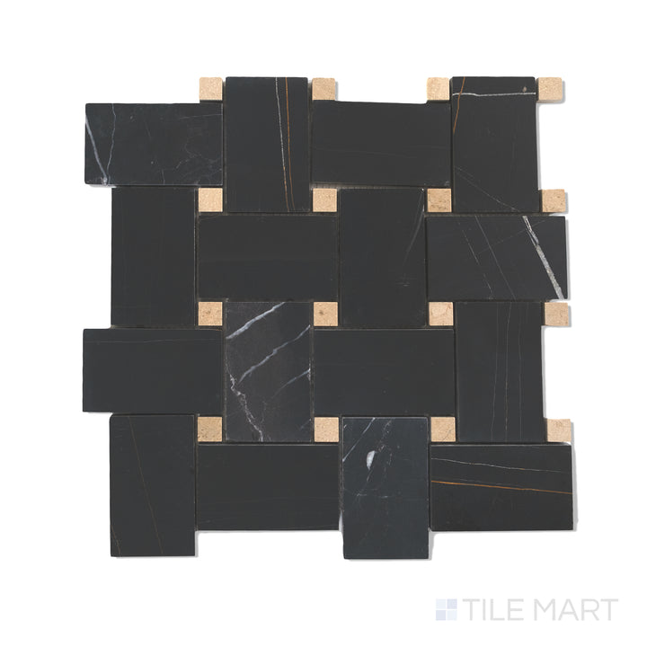 Flat-lay photo of Sahara Noir marble basketweave with beige dots, blending deep black tones with soft contrast in a honed woven composition.