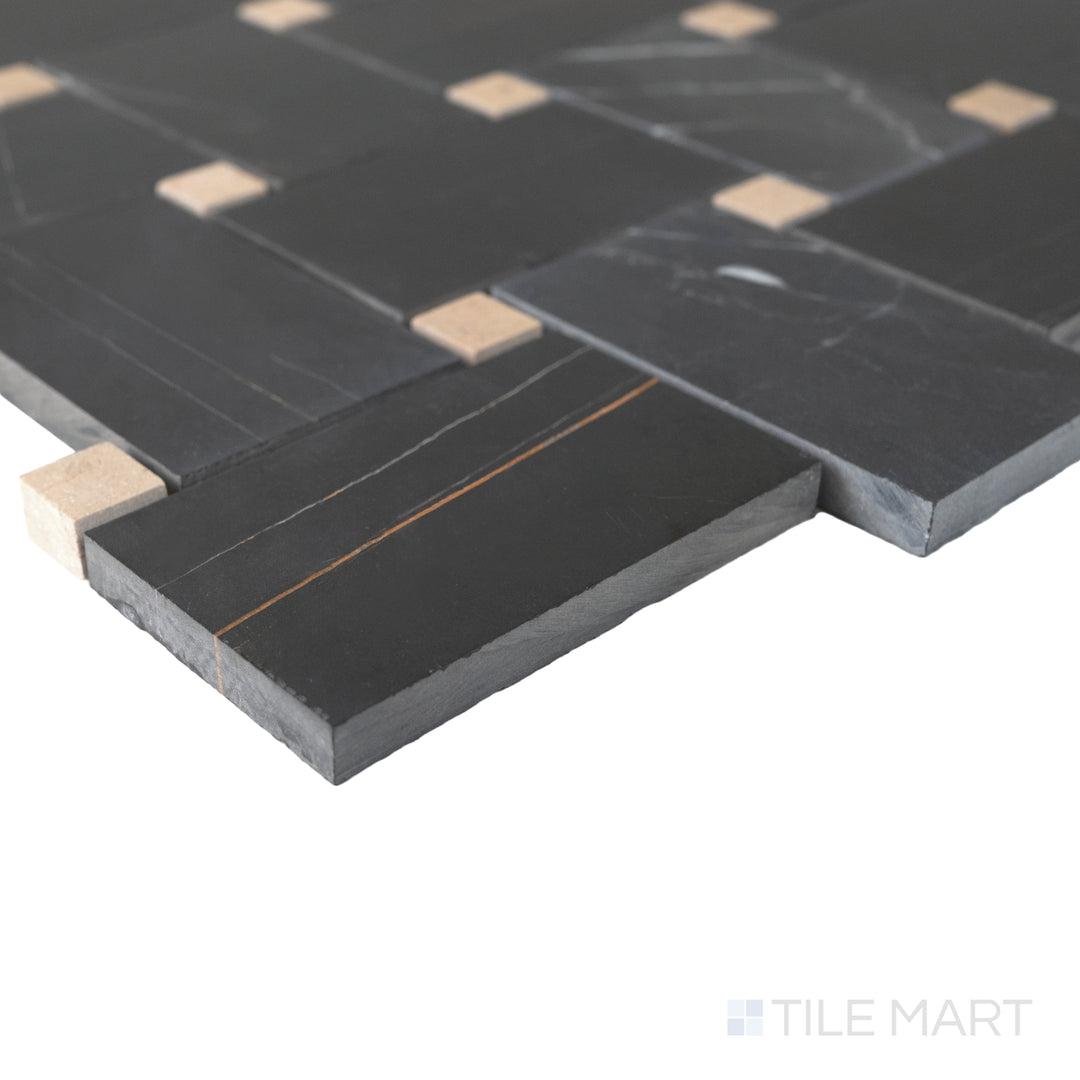 Corner close-up of Jumbo Basketweave Sahara Noir with Beige dot honed marble mosaic showing deep tone and refined weave pattern.