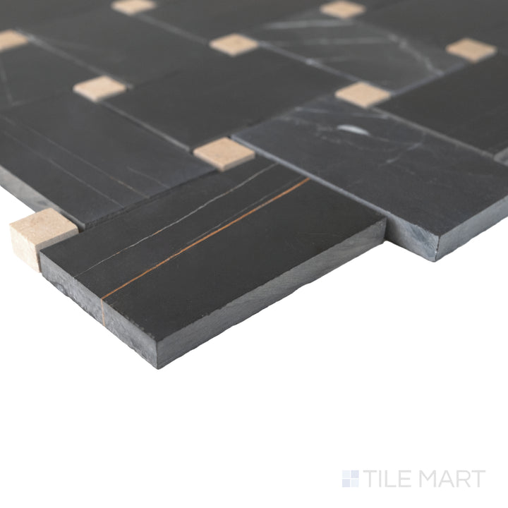 Corner close-up of Jumbo Basketweave Sahara Noir with Beige dot honed marble mosaic showing deep tone and refined weave pattern.