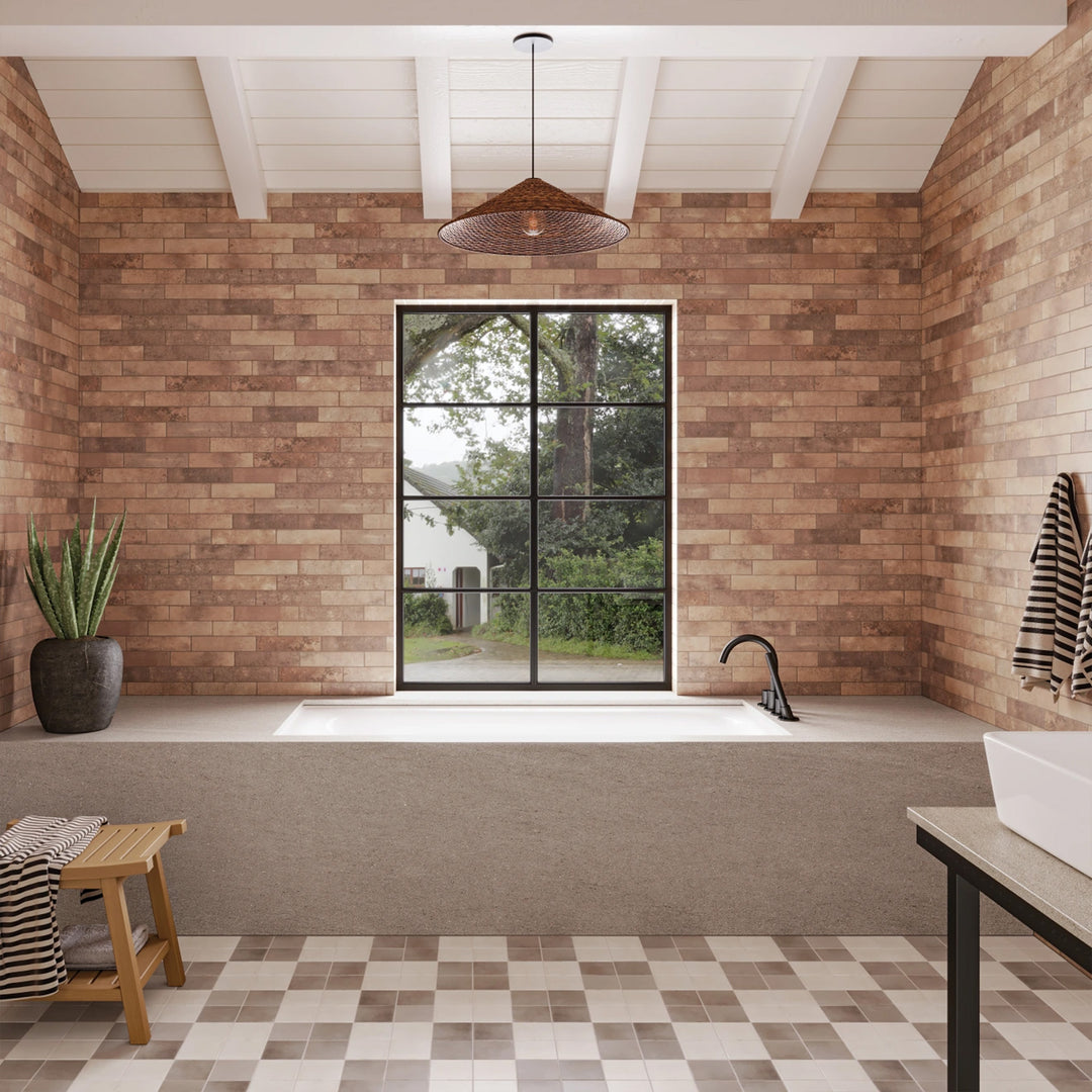 Montana Bitterroot 2.5x10 matte porcelain tile styled in a warm space highlighting earthy color depth