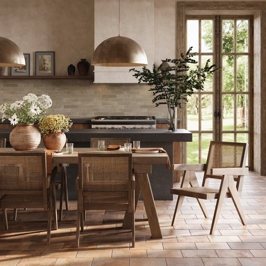 Montana Flathead 2.5x10 matte porcelain tile styled in an elevated space with gentle tonal variation