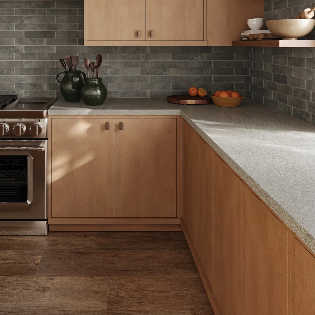 Montana Silverbow 2.5x10 matte porcelain tile showcased in an airy interior emphasizing subtle contrast