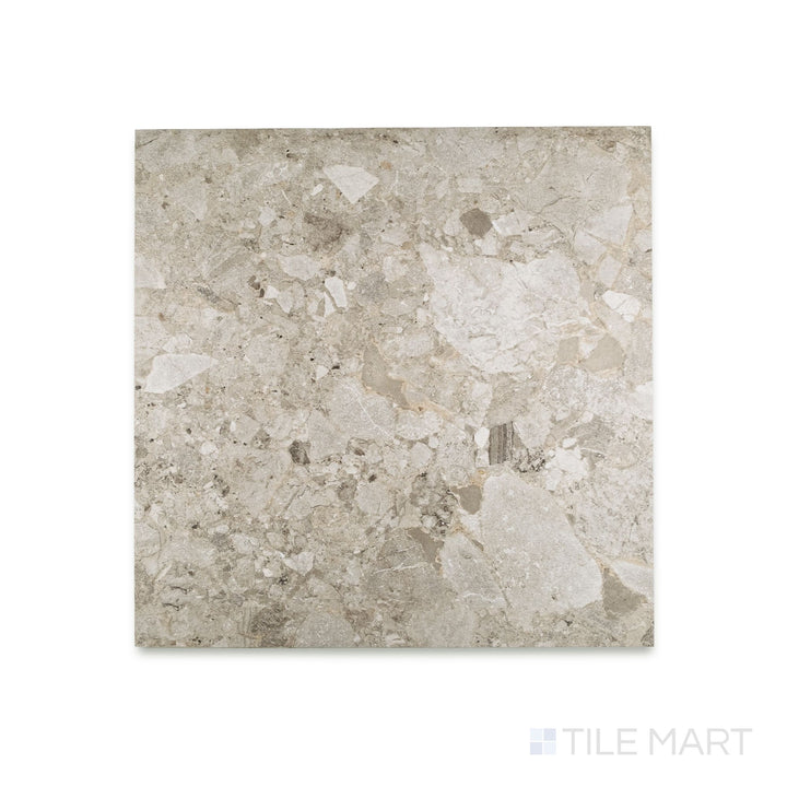 Top-down view of Frammenta Beige 24x24 matte porcelain tile showing warm aggregate detail