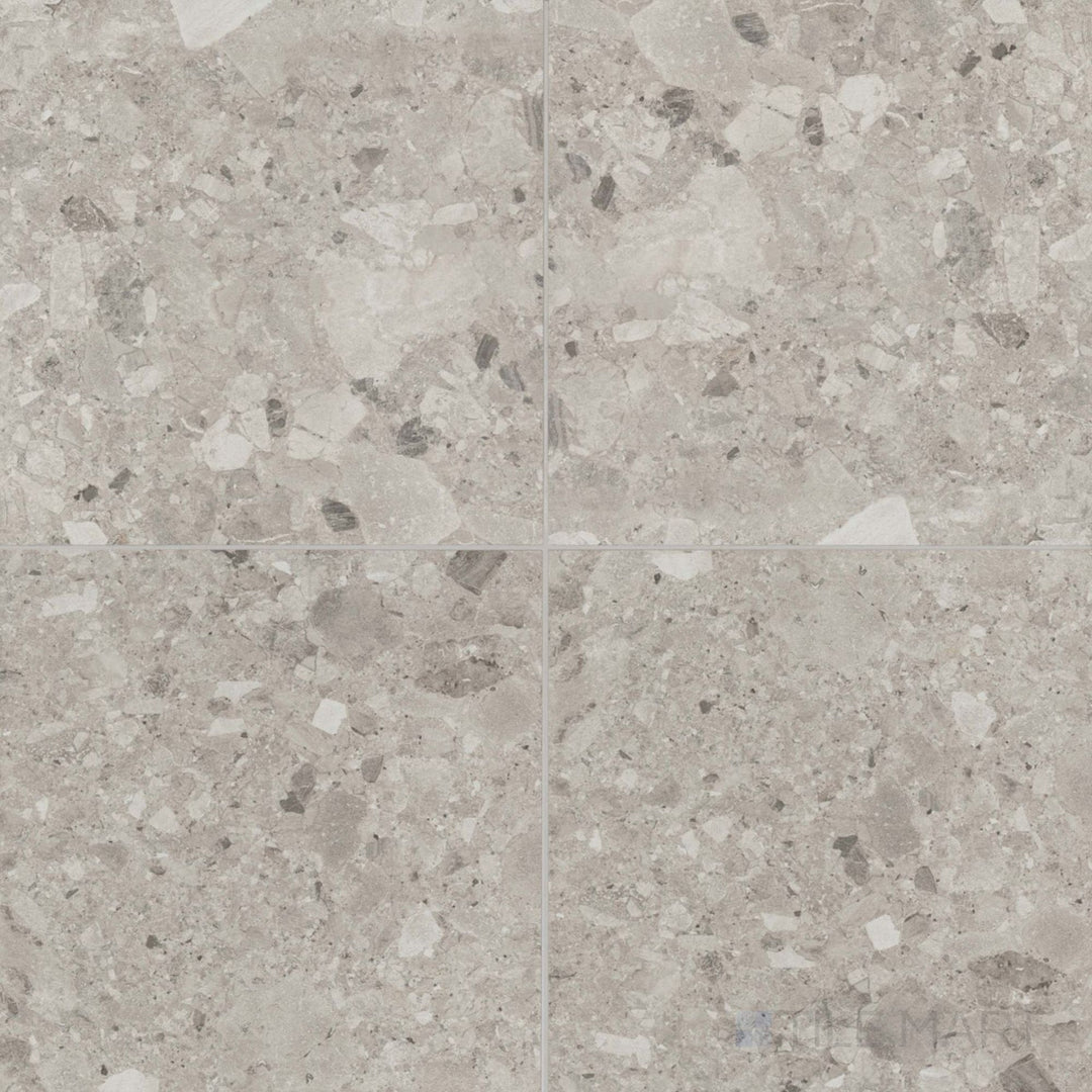 Frammenta Light Grey 24x24 matte porcelain tile with a contemporary terrazzo aesthetic