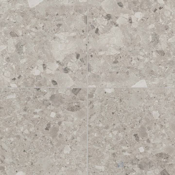Frammenta Light Grey 24x24 matte porcelain tile with a contemporary terrazzo aesthetic