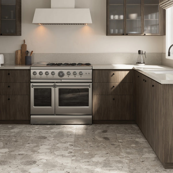 Frammenta Dark Grey 24x24 matte porcelain tile displayed in an elevated interior with bold contrast